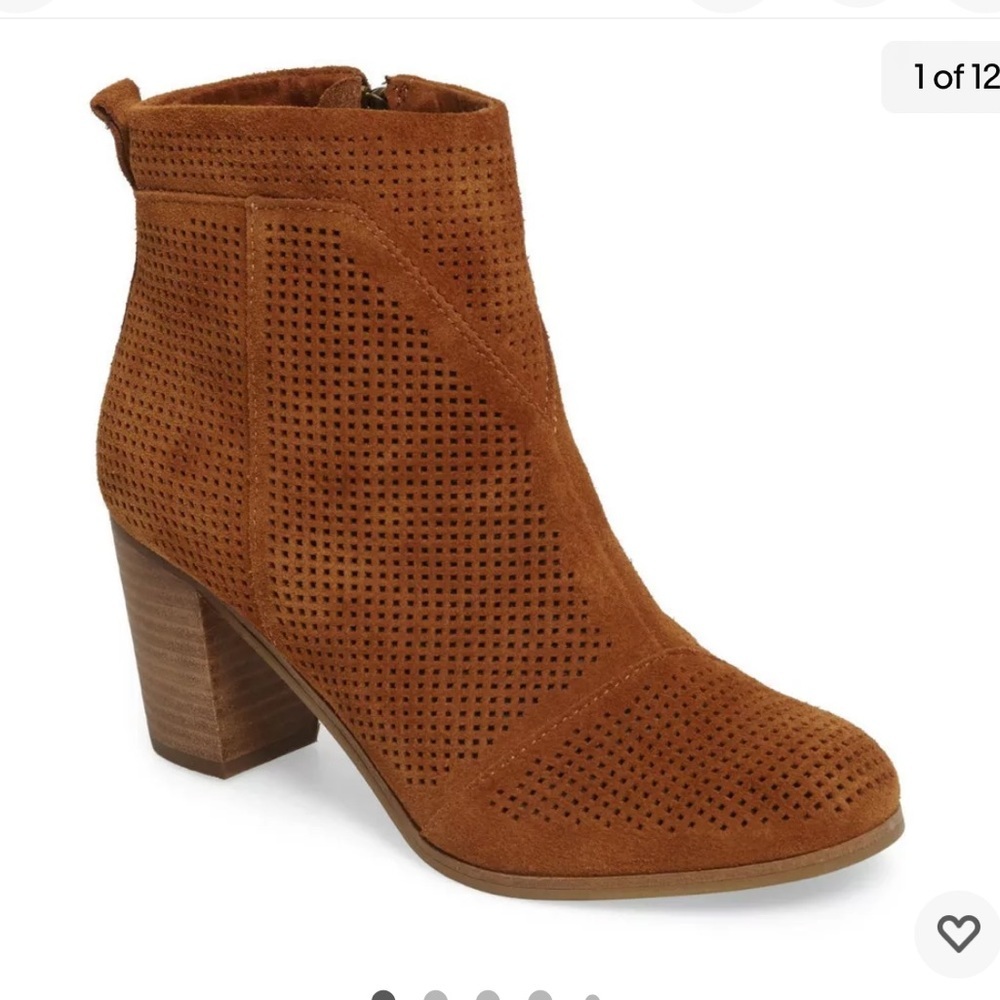 Toms Lunata Cinnamon Brown Suede Perforated Block Heel Ankle Booties Size 9.5